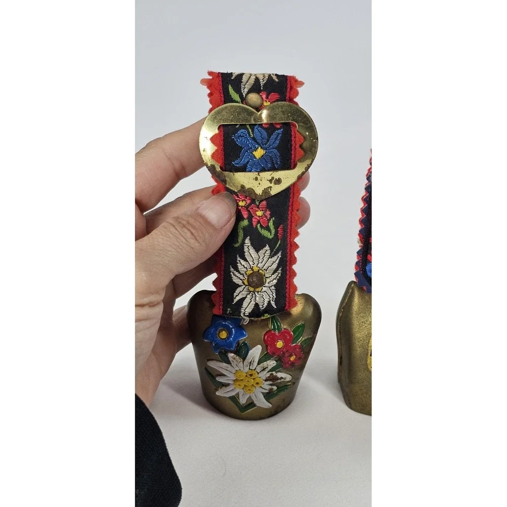 Vintage Norwegian Brass Cow Bells Honningsvåg Floral Leather Strap Set of 3